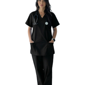 Stretchable Women`s – Scrub Top & Bottom Mock Wrap with 5 Pocket Solid Half Sleeve
